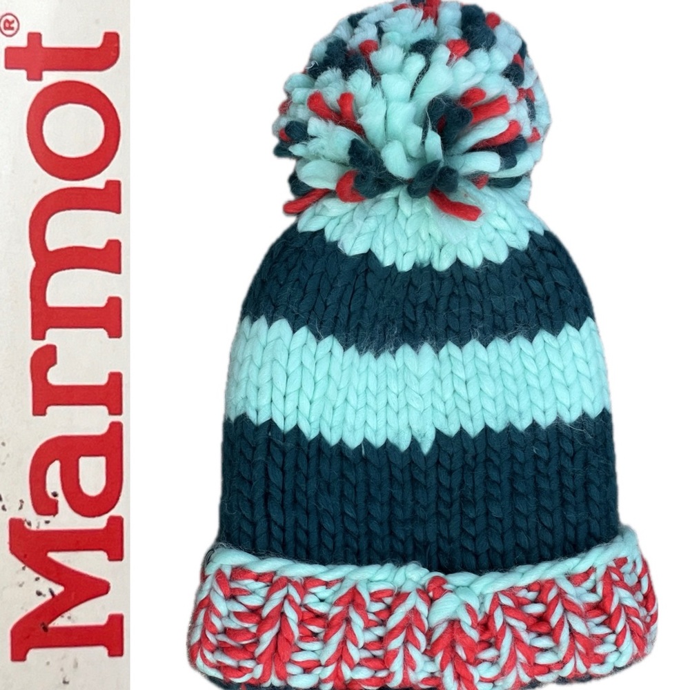 🆕❄️NWT Marmot Chunky Knit Teal & Red Hat Pom Fleece Lined Orange Blue CC Girl